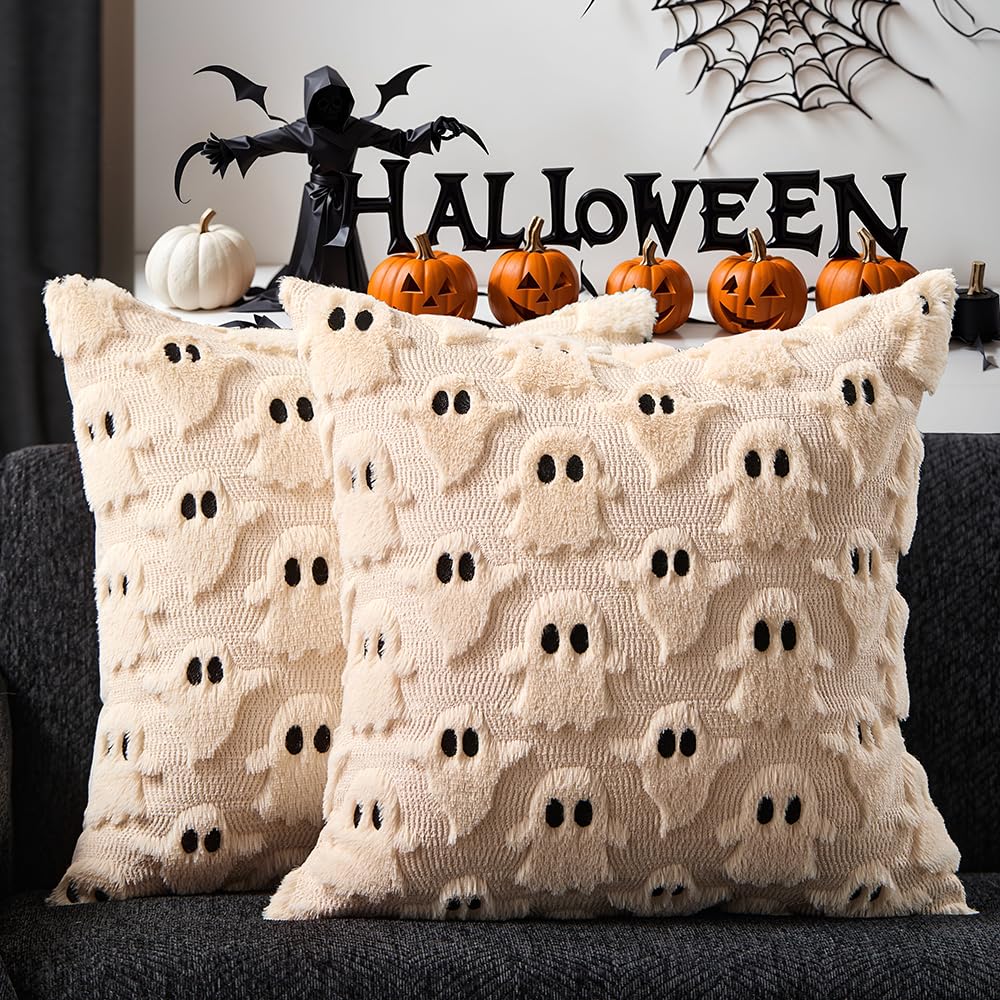 DFXSZ Halloween Pillow Covers 18x18 inch Set of 2 White Ghost Throw Pillow Cases Soft Plush Faux Fur Wool Couch Cushion Case for Chair Sofa Bedroom Living Room Home Decor PTK03A18